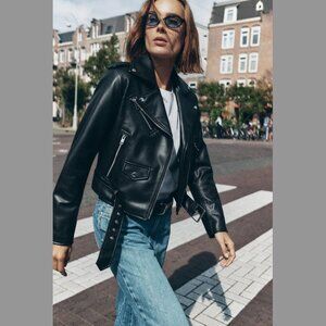 NWT NEW Zara Womens Faux Leather Biker Jacket Black, Size S